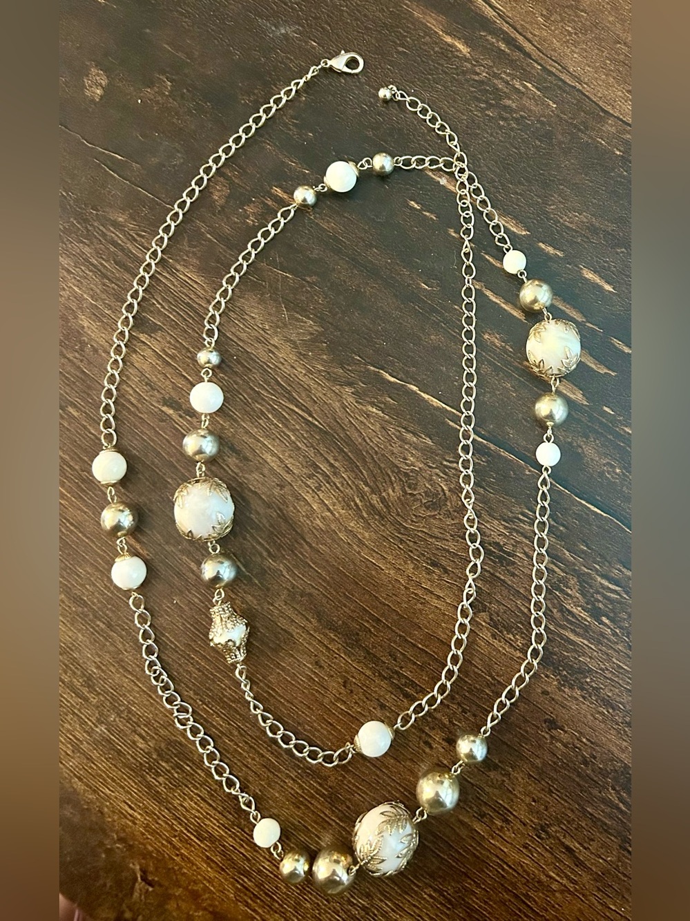 Layered White and Silver Bead Long Necklace